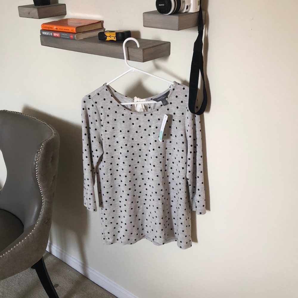 3/4 sleeve polka dot dress with ribbon detail